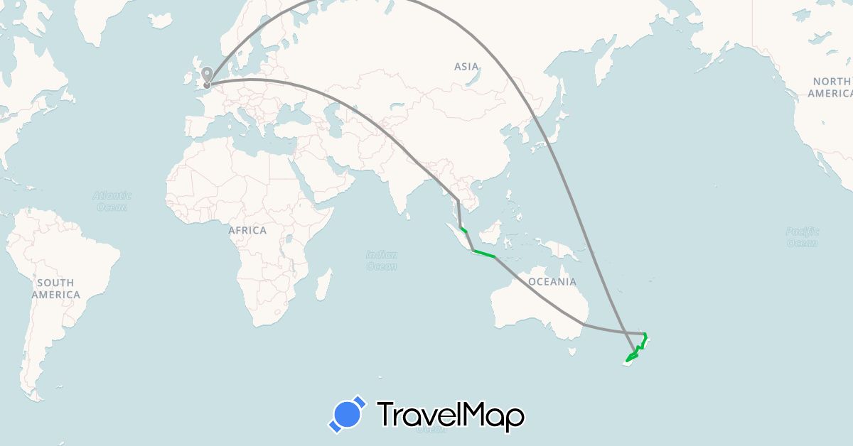 TravelMap itinerary: bus, plane in Australia, United Kingdom, Indonesia, Malaysia, Nepal, New Zealand, Singapore, Thailand (Asia, Europe, Oceania)